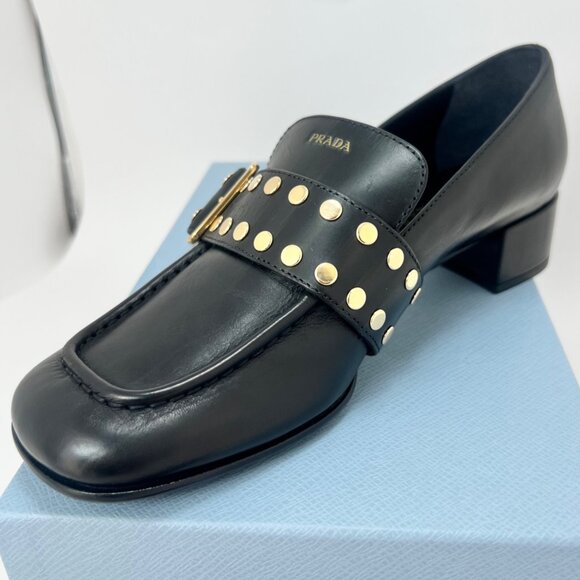 Prada Studded Spazzolato Stud Women Leather Loafers Pumps Size 36.5 - Picture 15 of 16
